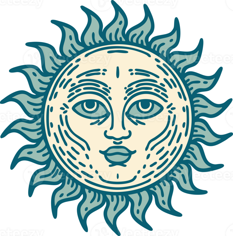 iconic tattoo style image of a sun with face png