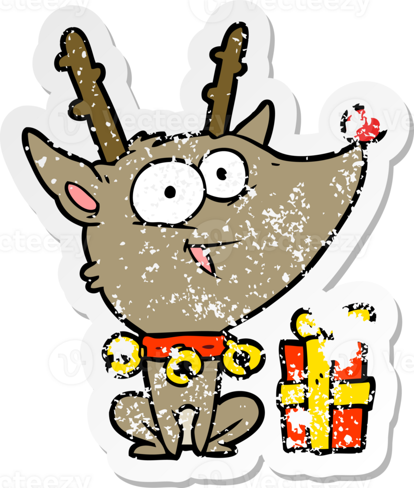distressed sticker of a cartoon christmas reindeer png