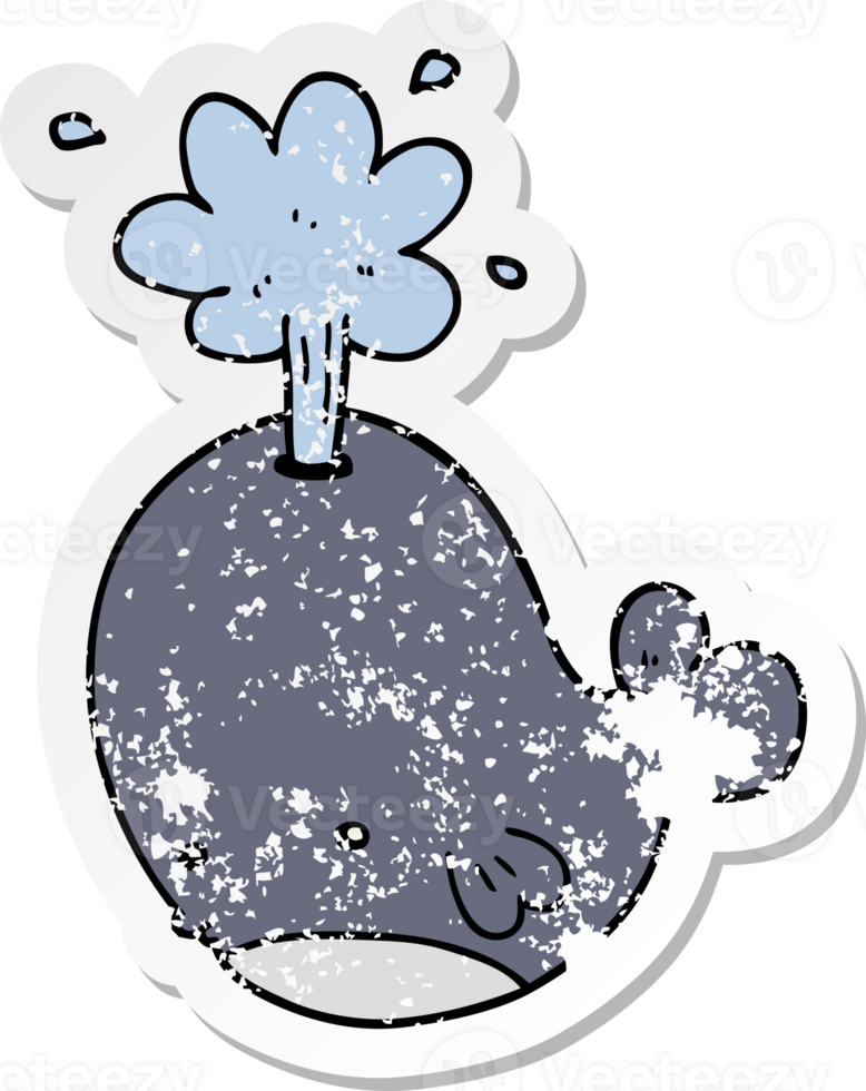 distressed sticker of a cartoon spouting whale png