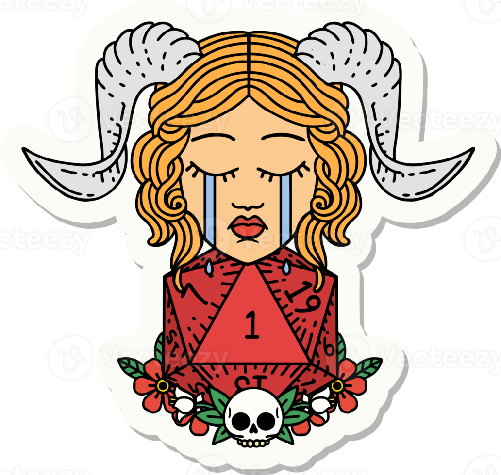 sticker of a sad tiefling with natural one d20 dice roll png