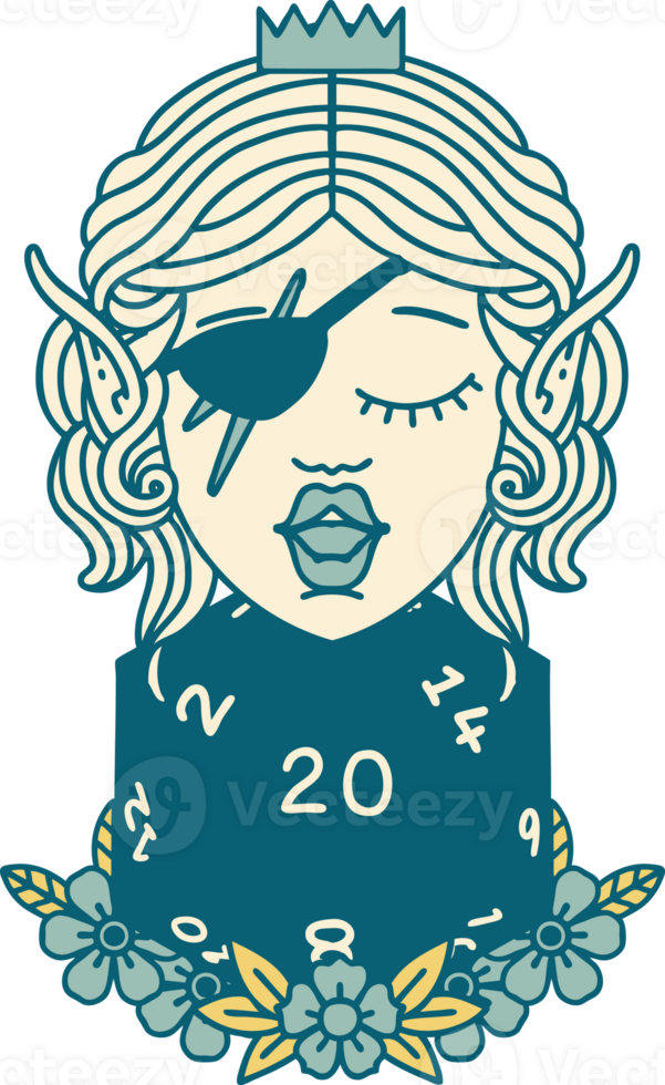 Retro Tattoo Style elf rogue character with natural twenty dice roll png