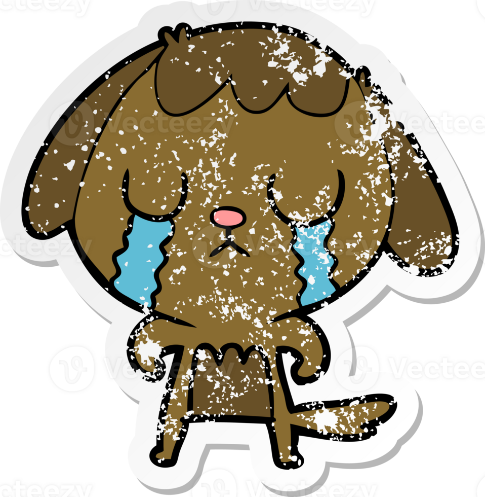 distressed sticker of a cute cartoon dog crying png
