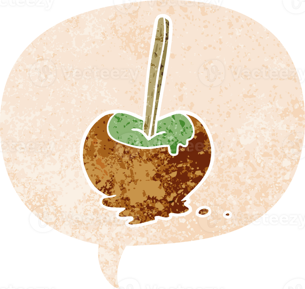 cartoon toffee apple with speech bubble in grunge distressed retro textured style png
