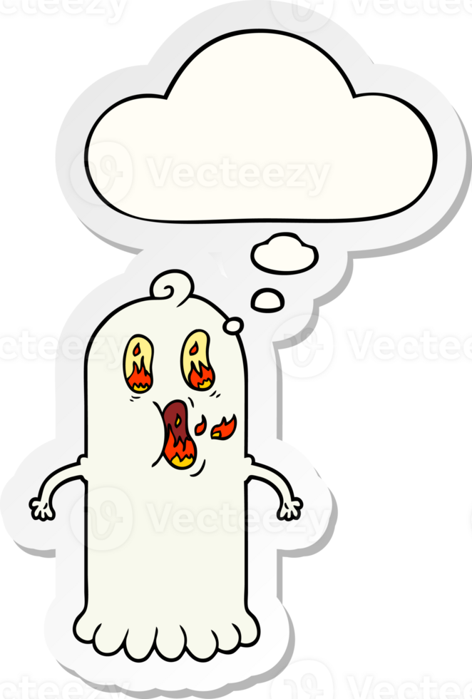 cartoon ghost with flaming eyes with thought bubble as a printed sticker png