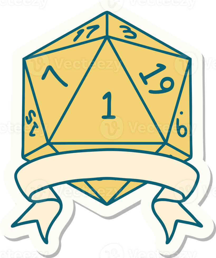 sticker of a natural one d20 dice roll png