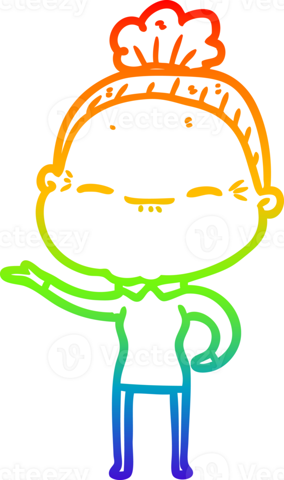 rainbow gradient line drawing of a cartoon peaceful old woman png