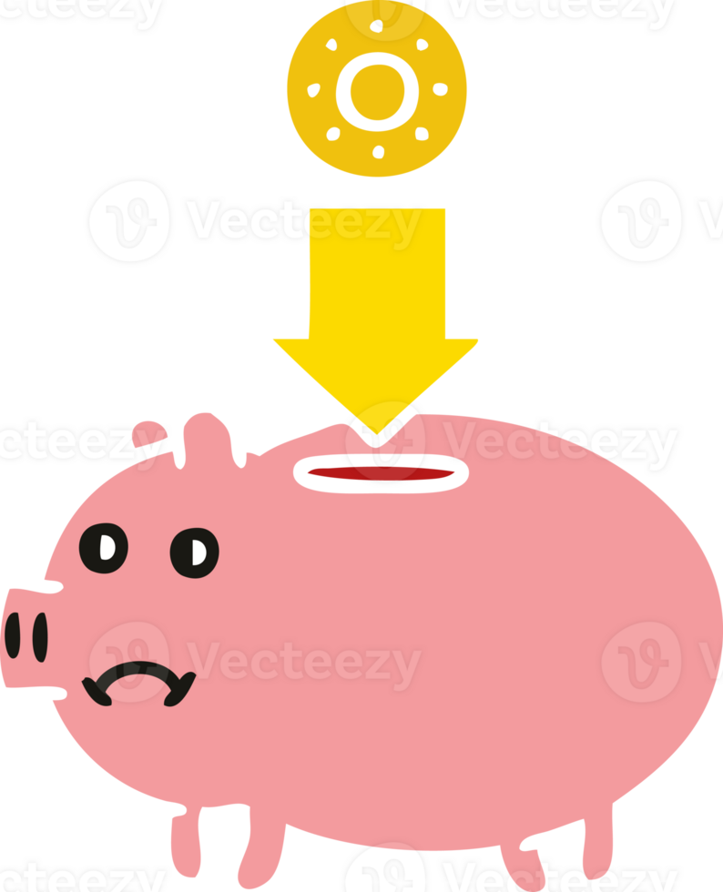 flat color retro cartoon of a piggy bank png