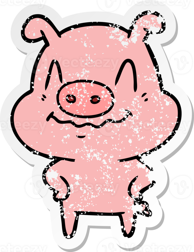 distressed sticker of a nervous cartoon pig png