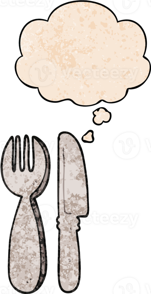 cartoon knife and fork and thought bubble in grunge texture pattern style png
