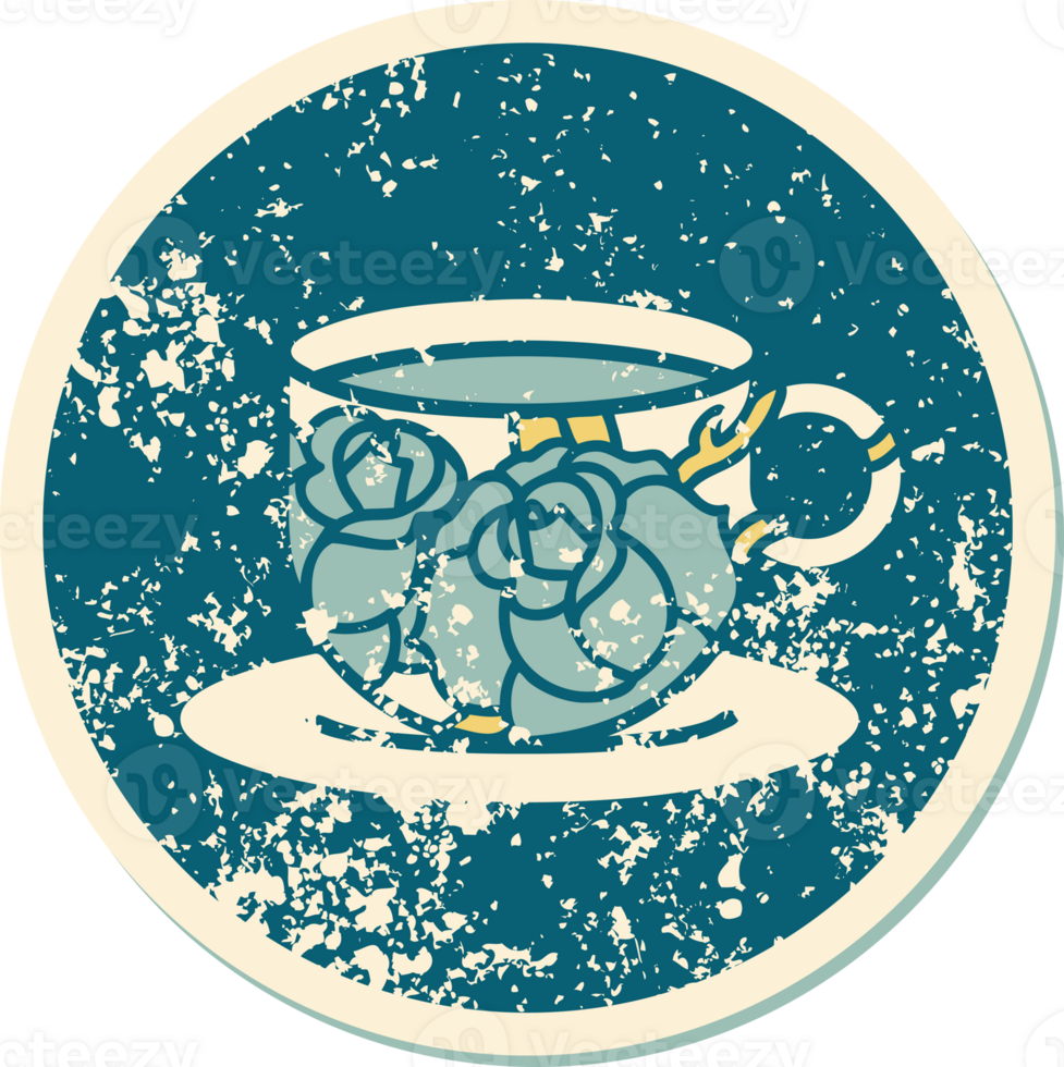 iconic distressed sticker tattoo style image of a cup and flowers png