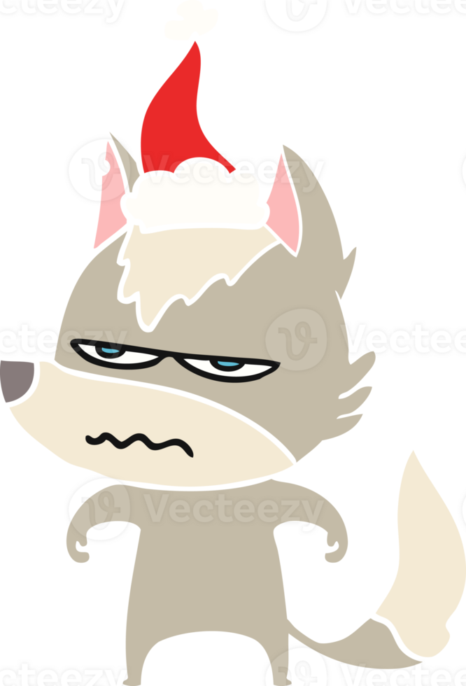 flat color illustration of a annoyed wolf wearing santa hat png