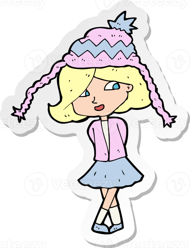 sticker of a cartoon happy girl wearing hat png