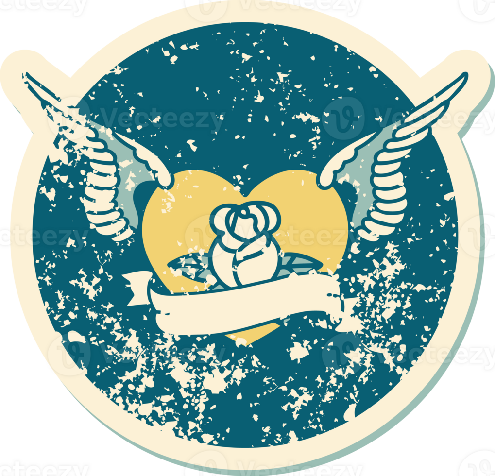 distressed sticker tattoo style icon of a flying heart with flowers and banner png