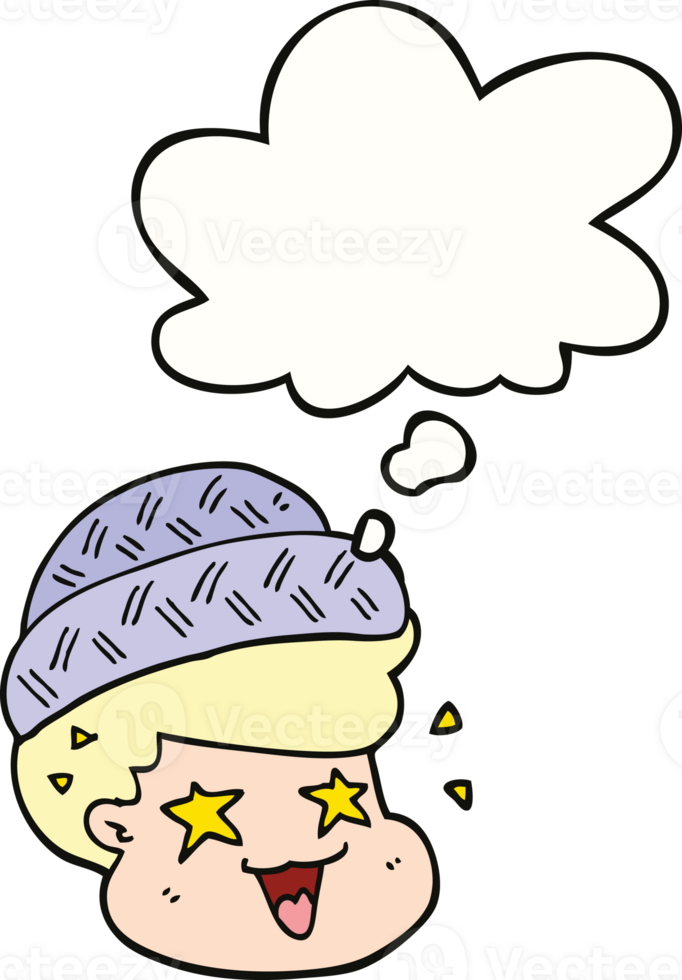 cartoon boy wearing hat and thought bubble png