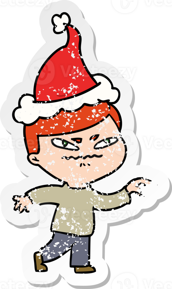 distressed sticker cartoon of a angry man pointing wearing santa hat png