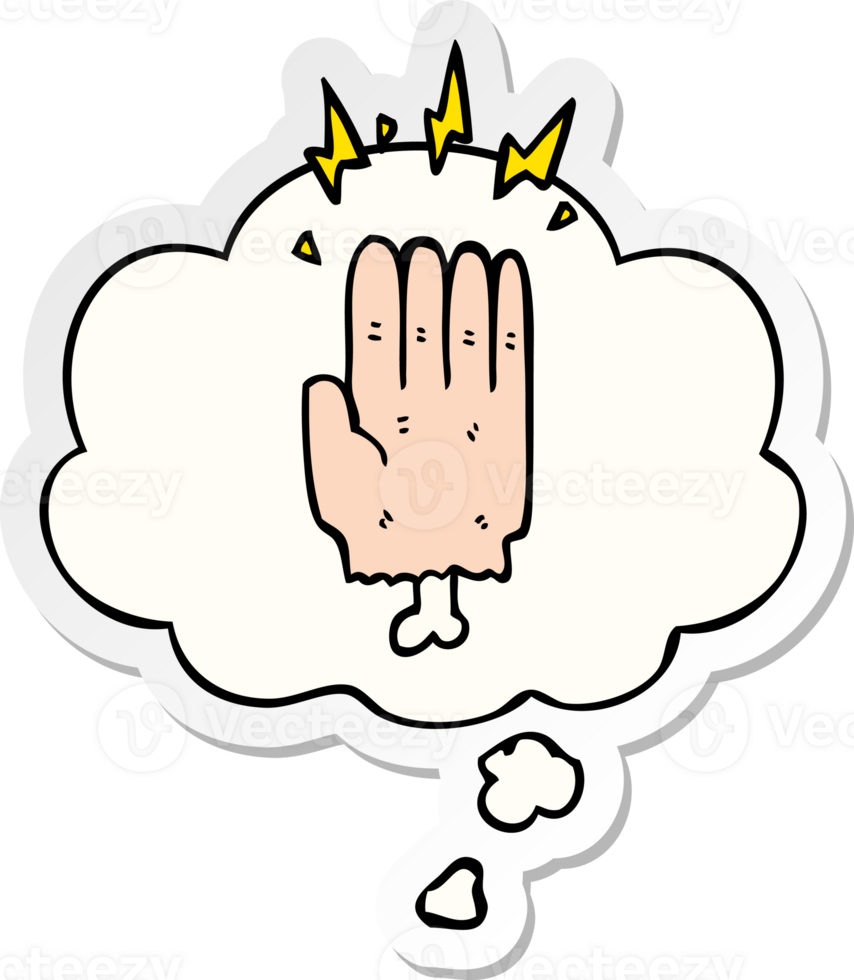 cartoon magic halloween zombie hand and thought bubble as a printed sticker png