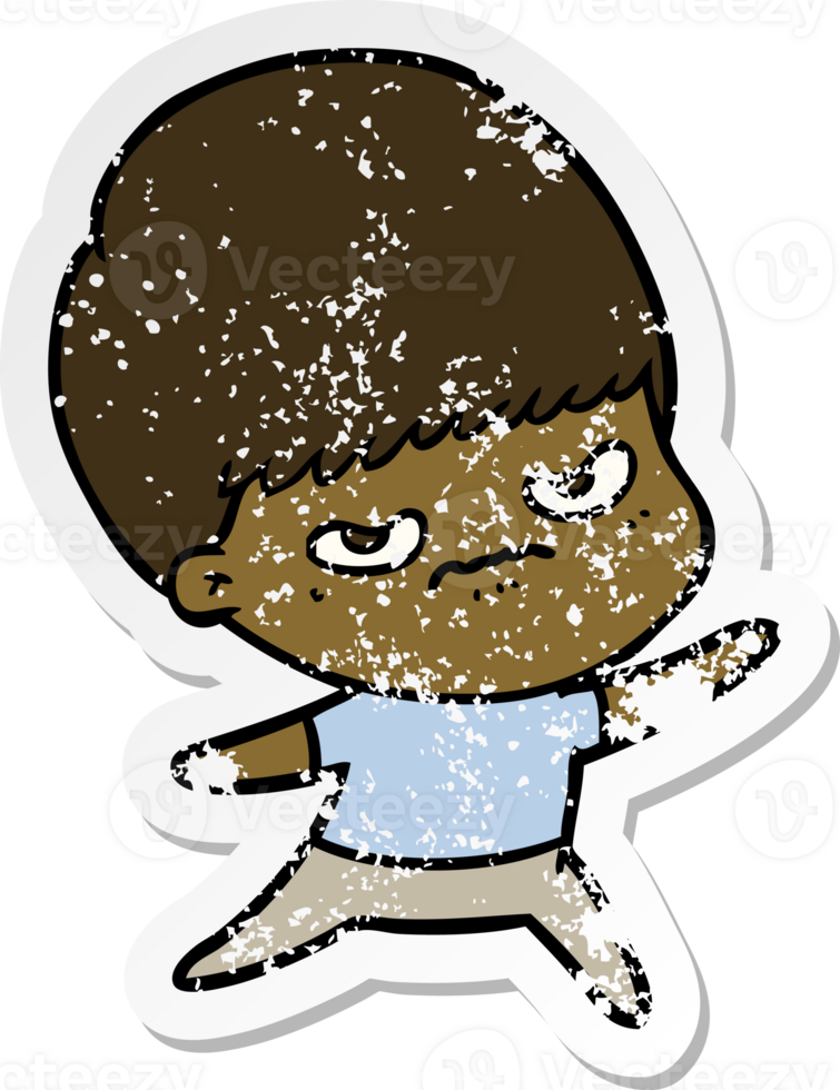 distressed sticker of a cartoon angry boy png