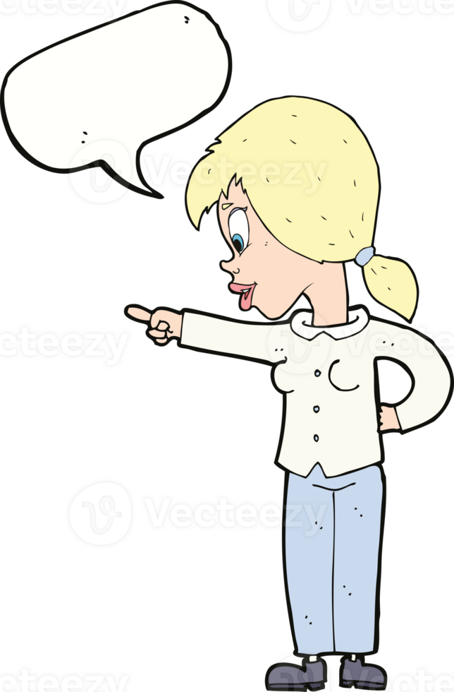 cartoon enthusiastic woman pointing with speech bubble png