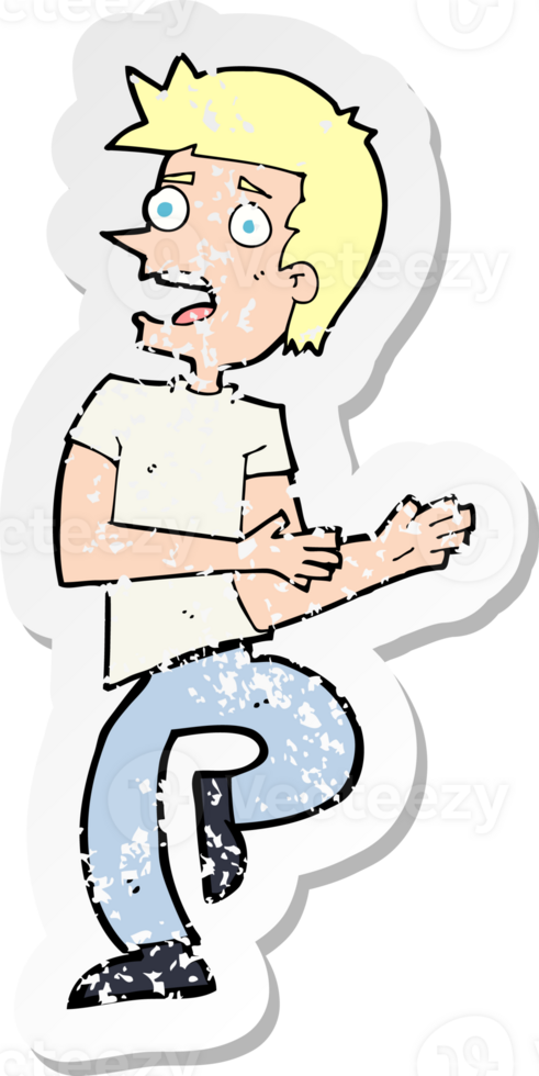 retro distressed sticker of a cartoon stressed out man png