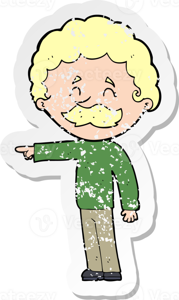 retro distressed sticker of a cartoon man with mustache pointing png