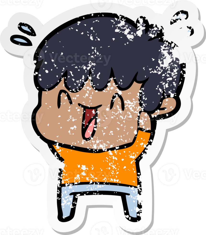 distressed sticker of a cartoon laughing boy png