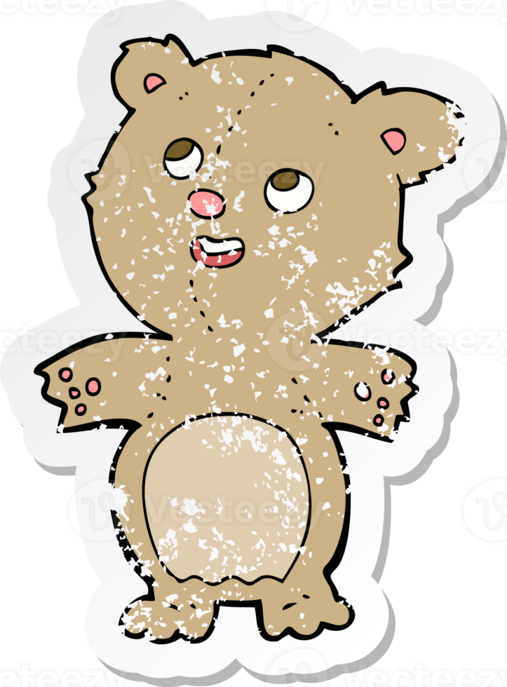 retro distressed sticker of a cartoon happy little teddy bear png