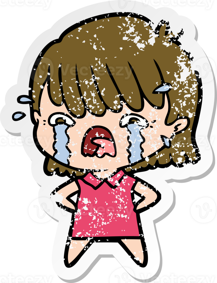 distressed sticker of a cartoon girl crying png