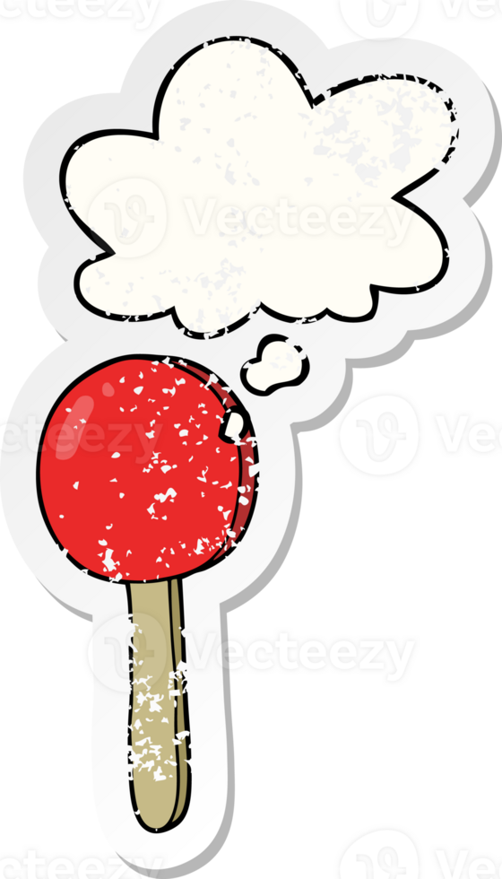 cartoon lollipop and thought bubble as a distressed worn sticker png