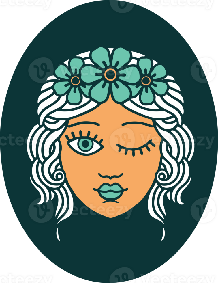 tätowieren Stil Symbol von ein Mädchen mit Krone von Blumen zwinkert png