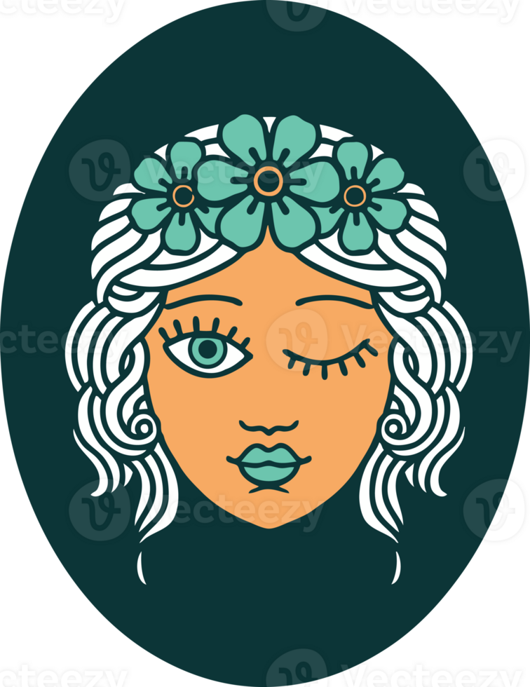 tattoo style icon of a maiden with crown of flowers winking png