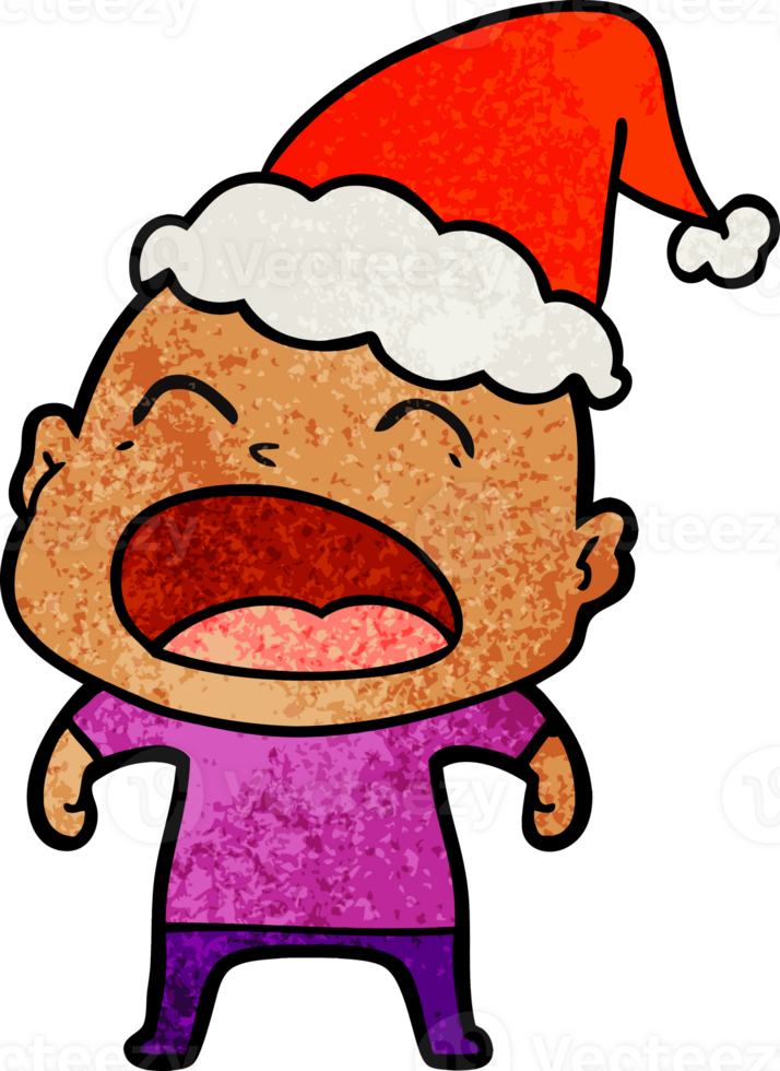 textured cartoon of a shouting bald man wearing santa hat png