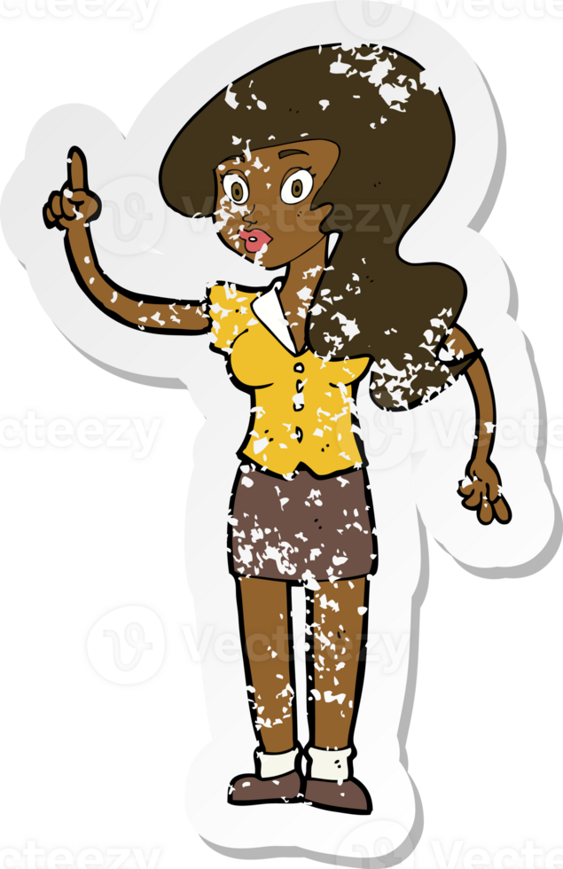 retro distressed sticker of a cartoon pretty woman with idea png