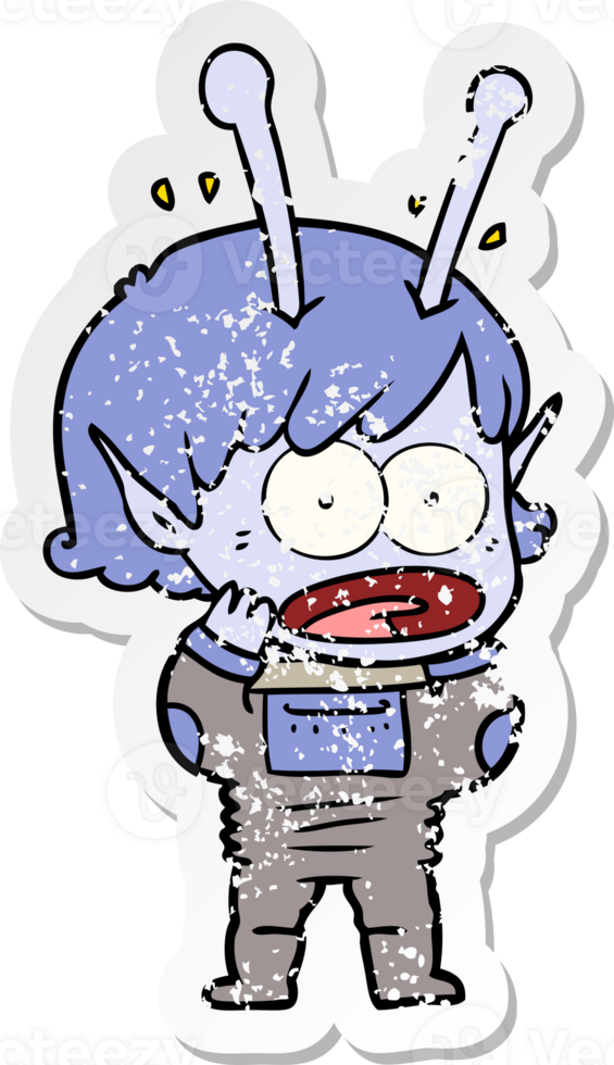 distressed sticker of a cartoon shocked alien girl png