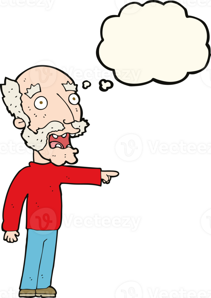 cartoon scared old man pointing with thought bubble png