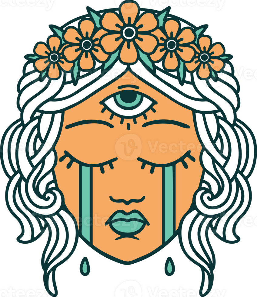tattoo style icon of female face with third eye crying png