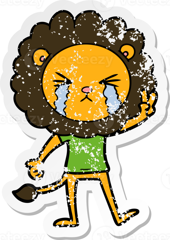 distressed sticker of a cartoon crying lion giving peace sign png