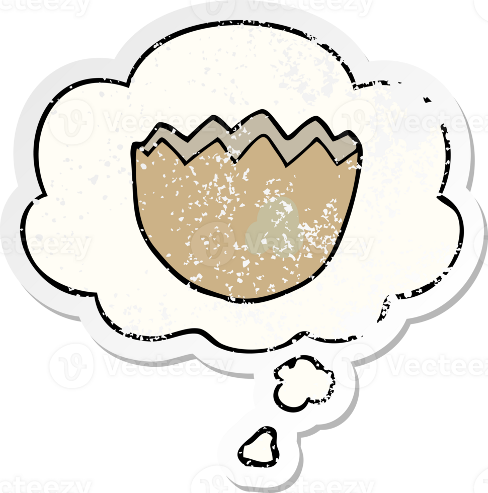 cartoon cracked eggshell and thought bubble as a distressed worn sticker png