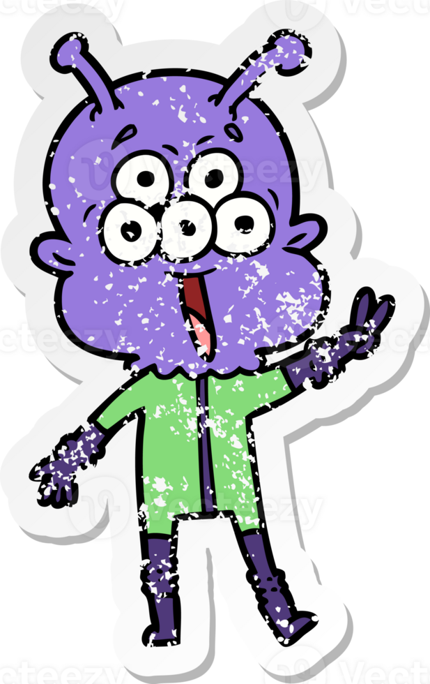 distressed sticker of a happy cartoon alien waving peace gesture png