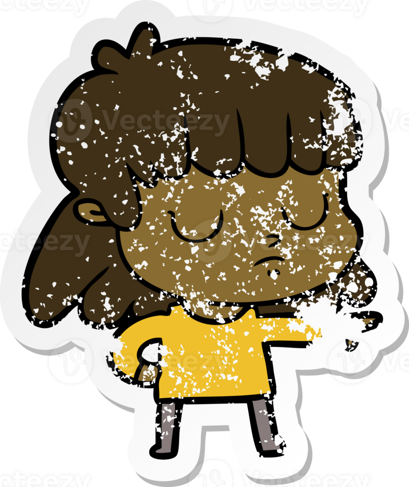 distressed sticker of a cartoon indifferent womanpointing png