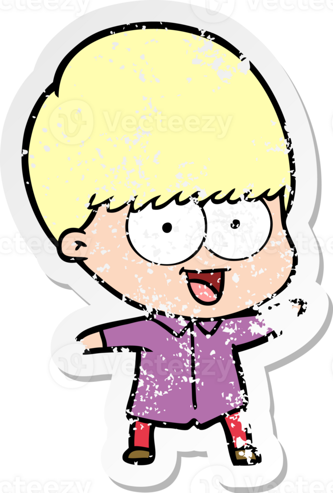 distressed sticker of a happy cartoon boy png