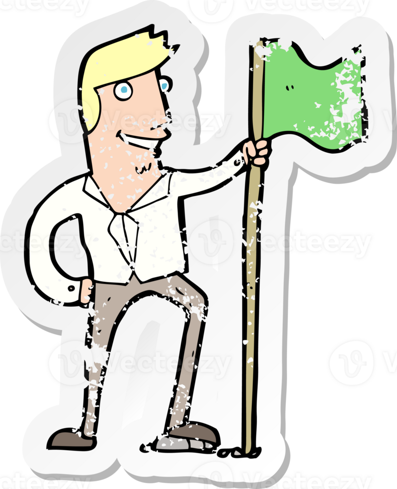 retro distressed sticker of a cartoon man planting flag png