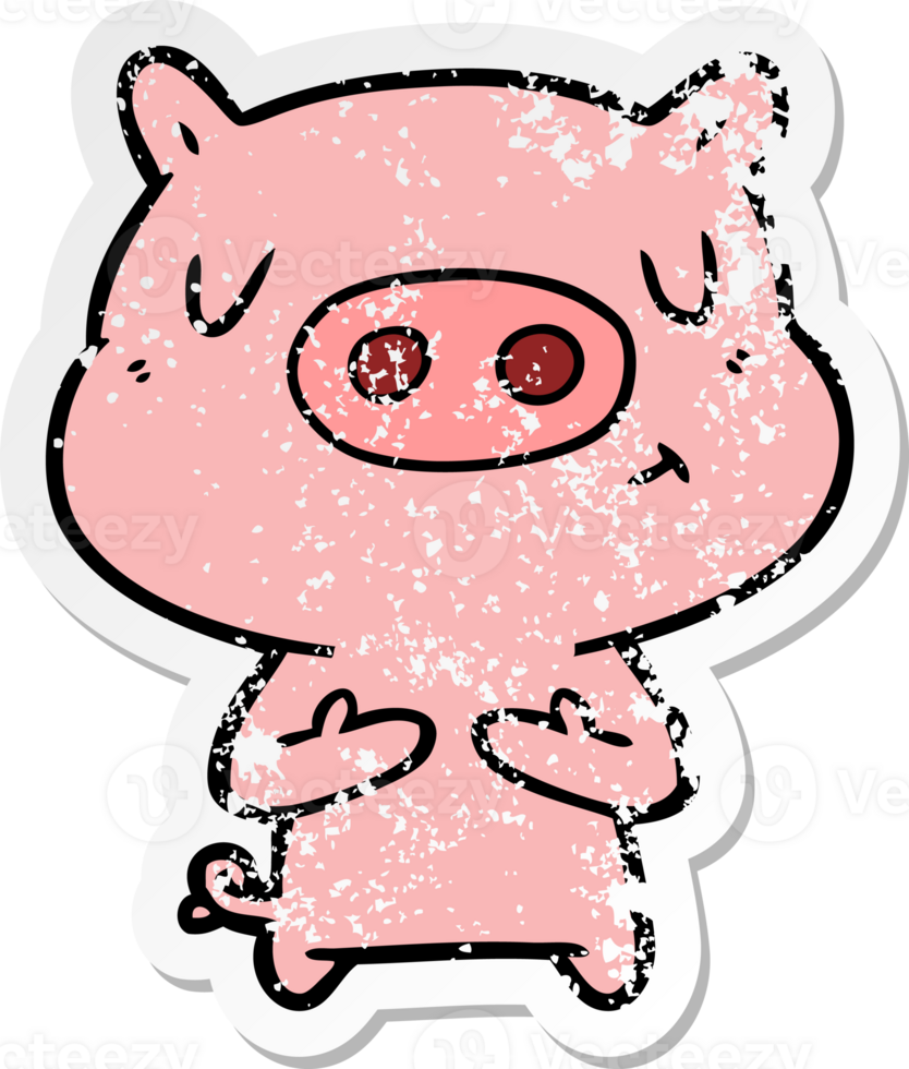 distressed sticker of a cartoon content pig png