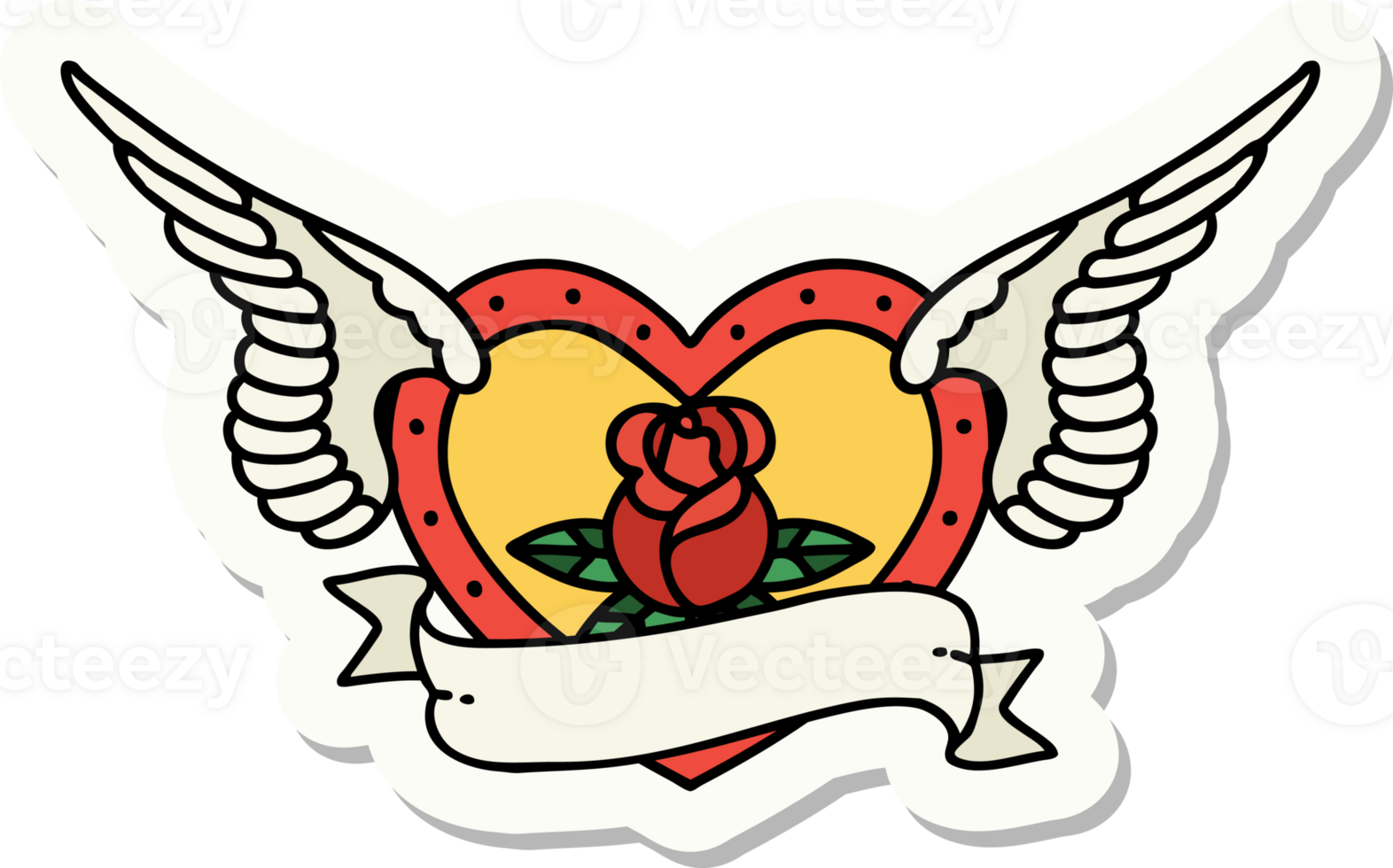 tattoo style sticker of a flying heart with flowers and banner png