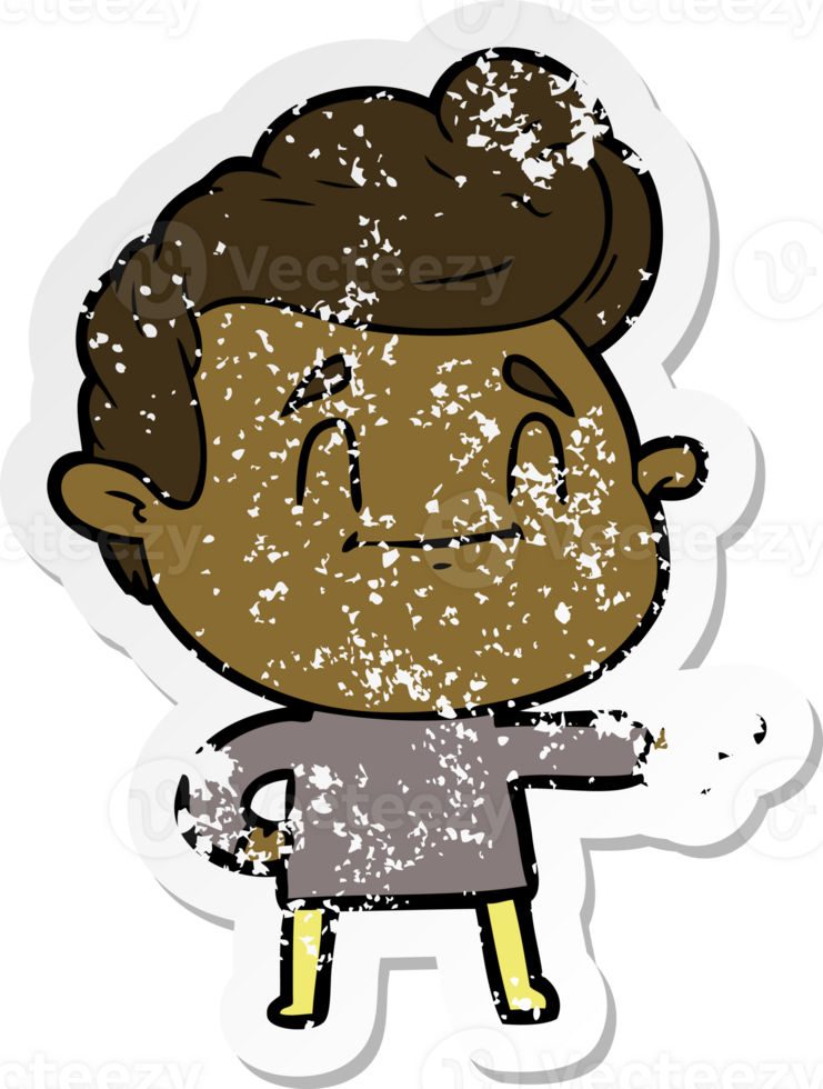 distressed sticker of a happy cartoon man pointing png
