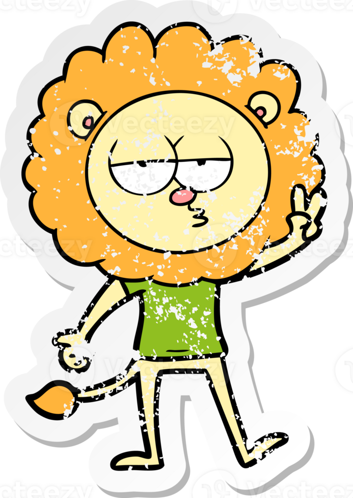 distressed sticker of a cartoon bored lion waving png