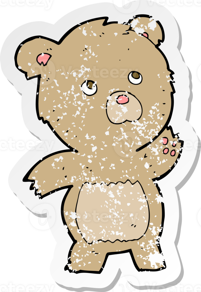retro distressed sticker of a cartoon curious teddy bear png