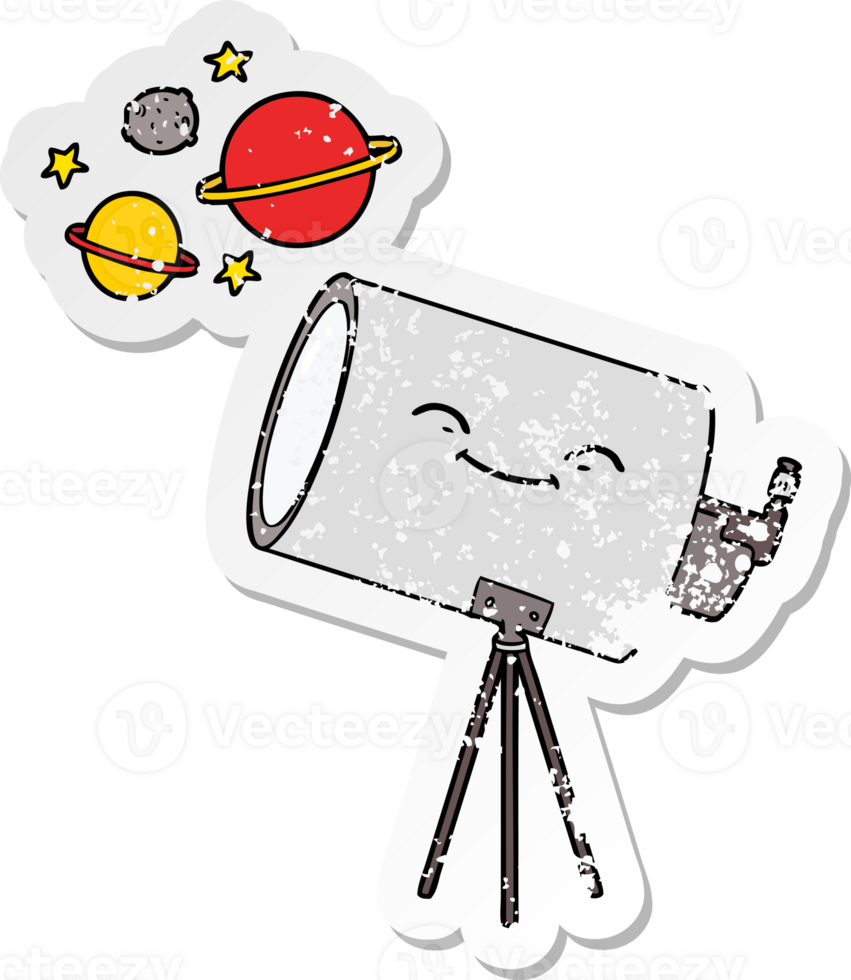 distressed sticker of a cartoon telescope with face png