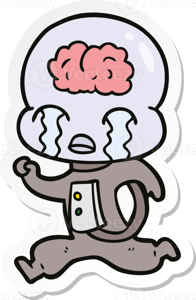 sticker of a cartoon big brain alien crying running png