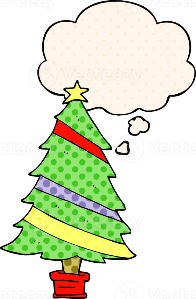 cartoon christmas tree and thought bubble in comic book style png