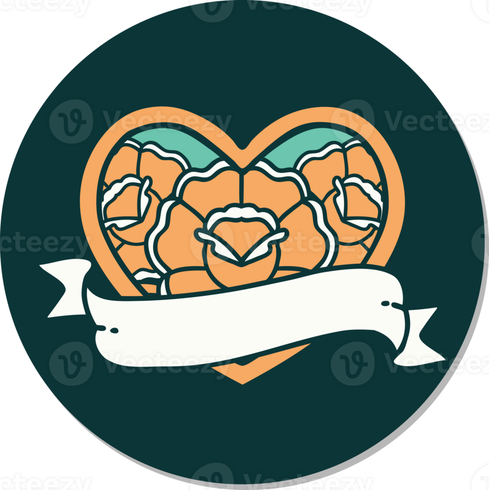 tattoo style sticker of a heart and banner with flowers png